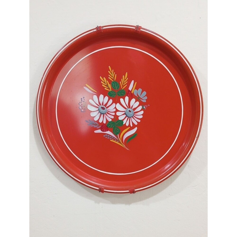 Ransburg Round Metal Floral Painted Serving Tray - Vintage!